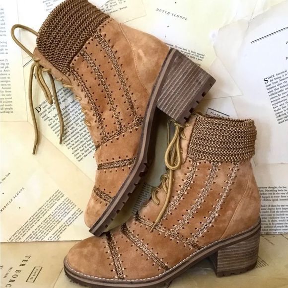 Anthropologie Silent D Bestie Bootie Honey Macramé Trim Lace Up Tan - Picture 4 of 12